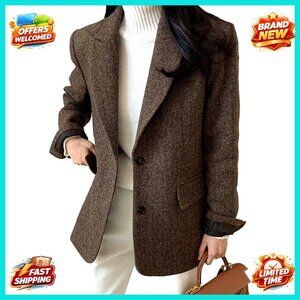 Wool Blend Herringbone Blazer Coat Single Breasted Long Sleeve Business Jacket